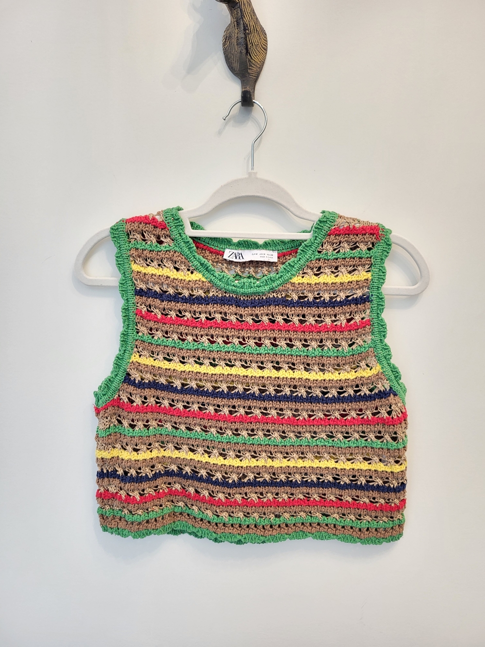 Zara Multicolor Crocheted Tank Top with Green Trim Medium